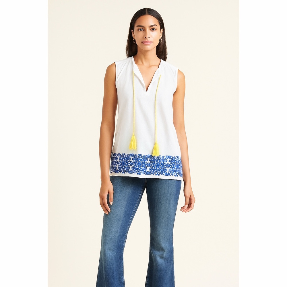 Adolfo Dominguez Embroidered V-Neck Tassel Tie Sleeveless Tank Top Boho Blouse